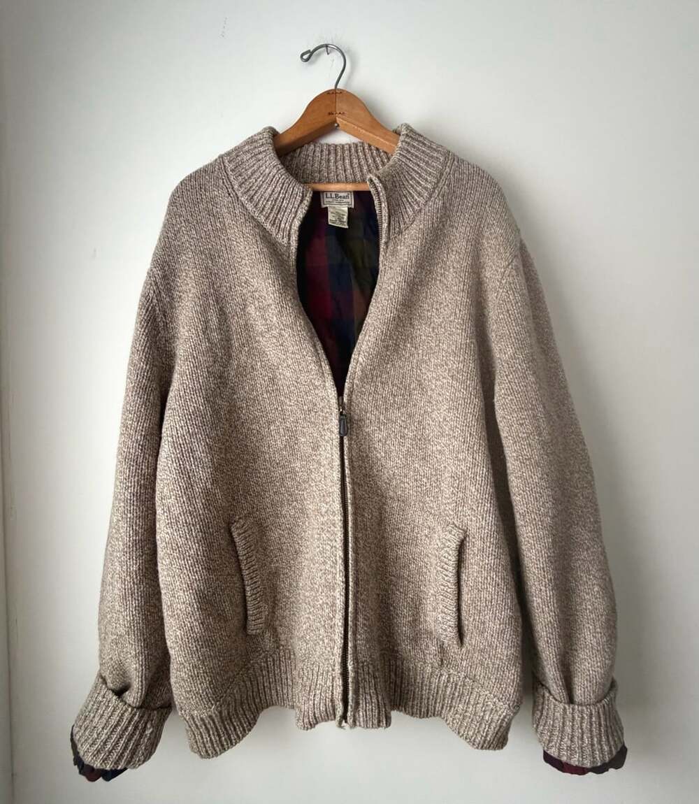 LL Bean Mens Lambswool Full Zip Sweater Jacket Oatmeal Plaid Lined L-Reg 500921